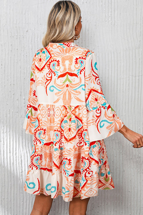 Printed Tribal Print Bracelet Sleeve Buttoned Mini Dress